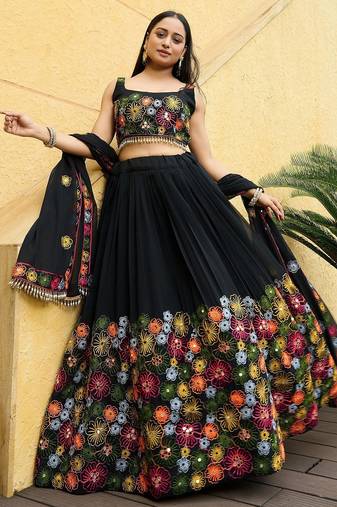 Embroidered Thread Work Semi-Stitched Lehenga & Unstitched Blouse With Dupatta