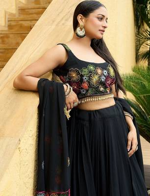 Embroidered Thread Work Semi-Stitched Lehenga & Unstitched Blouse With Dupatta 2