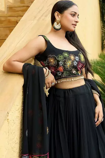 Embroidered Thread Work Semi-Stitched Lehenga & Unstitched Blouse With Dupatta