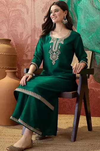Embroidered round neck kurta & palazzos kurta set