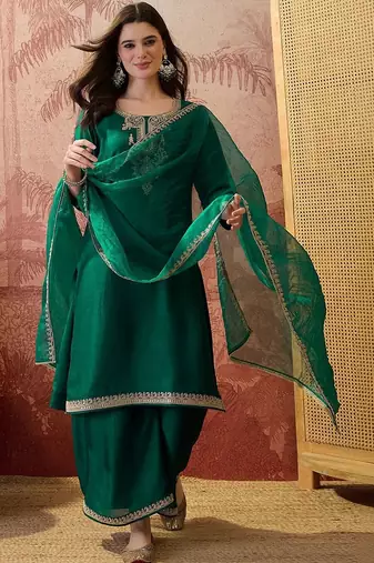 Embroidered round neck kurta & palazzos kurta set