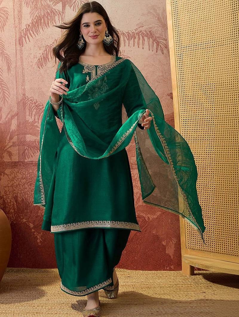 Embroidered round neck kurta & palazzos kurta set