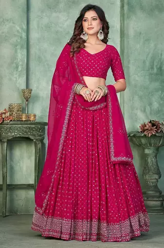 Embroidered Thread Work Semi-Stitched Lehenga & Unstitched Blouse With Dupatta