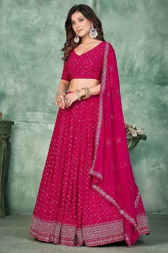Embroidered Thread Work Semi-Stitched Lehenga & Unstitched Blouse With Dupatta