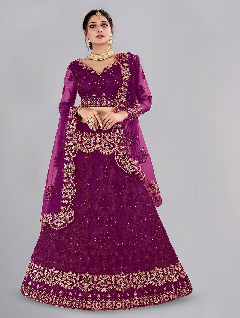 Embroidered Thread Work Semi-Stitched Lehenga & Unstitched Blouse With Dupatta