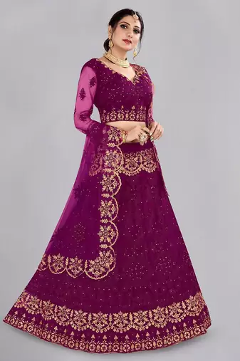 Embroidered Thread Work Semi-Stitched Lehenga & Unstitched Blouse With Dupatta