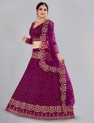 Embroidered Thread Work Semi-Stitched Lehenga & Unstitched Blouse With Dupatta 4