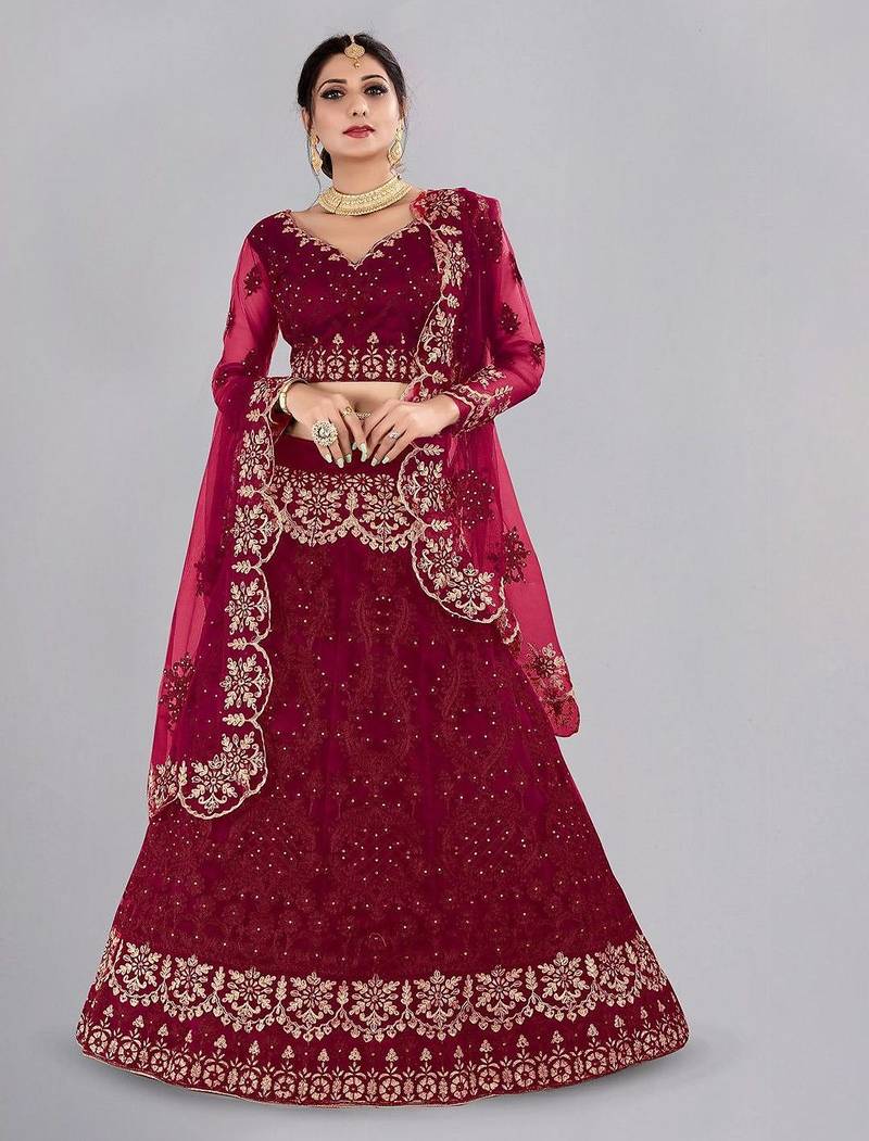 Embroidered Thread Work Semi-Stitched Lehenga & Unstitched Blouse With Dupatta
