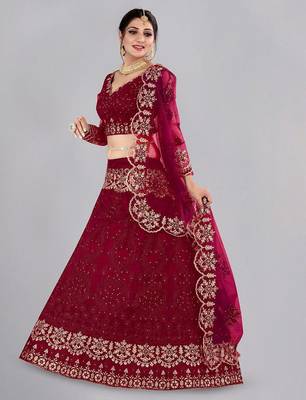 Embroidered Thread Work Semi-Stitched Lehenga & Unstitched Blouse With Dupatta 4