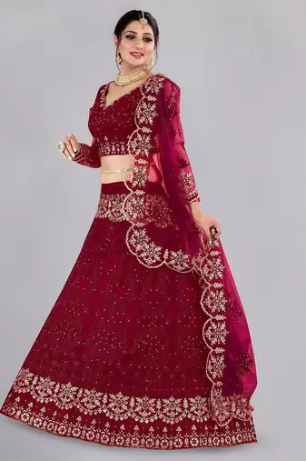 Embroidered Thread Work Semi-Stitched Lehenga & Unstitched Blouse With Dupatta