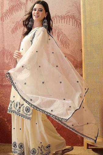 Embroidered round neck kurta & sharara kurta set