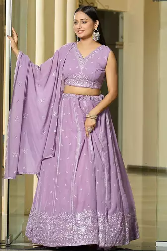Embroidered Thread Work Semi-Stitched Lehenga & Unstitched Blouse With Dupatta