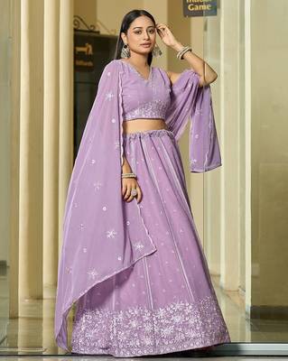 Embroidered Thread Work Semi-Stitched Lehenga & Unstitched Blouse With Dupatta 3