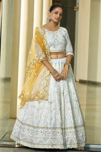 Embroidered Thread Work Semi-Stitched Lehenga & Unstitched Blouse With Dupatta