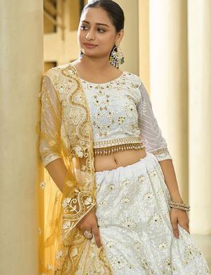 Embroidered Thread Work Semi-Stitched Lehenga & Unstitched Blouse With Dupatta 2