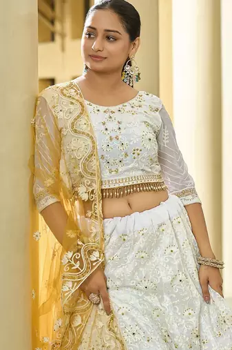 Embroidered Thread Work Semi-Stitched Lehenga & Unstitched Blouse With Dupatta