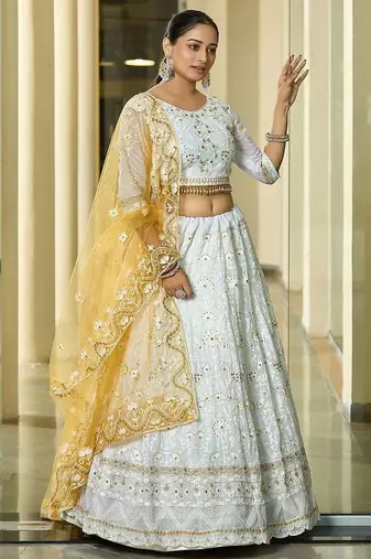 Embroidered Thread Work Semi-Stitched Lehenga & Unstitched Blouse With Dupatta