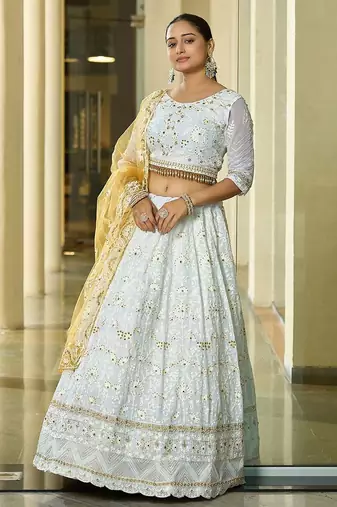 Embroidered Thread Work Semi-Stitched Lehenga & Unstitched Blouse With Dupatta