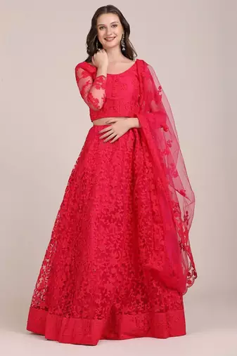 Embroidered Thread Work Semi-Stitched Lehenga & Unstitched Blouse With Dupatta