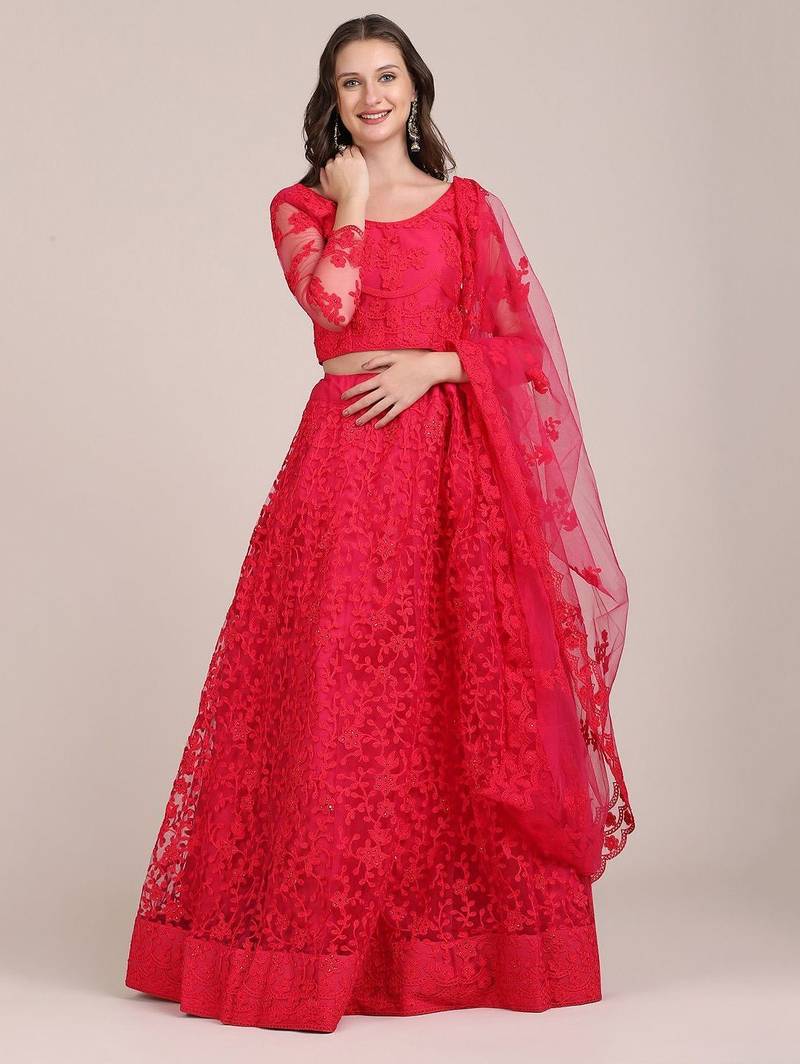 Embroidered Thread Work Semi-Stitched Lehenga & Unstitched Blouse With Dupatta
