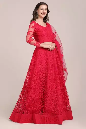 Embroidered Thread Work Semi-Stitched Lehenga & Unstitched Blouse With Dupatta