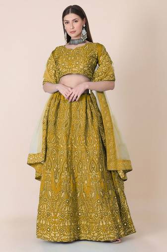 Embroidered Thread Work Semi-Stitched Lehenga & Unstitched Blouse With Dupatta