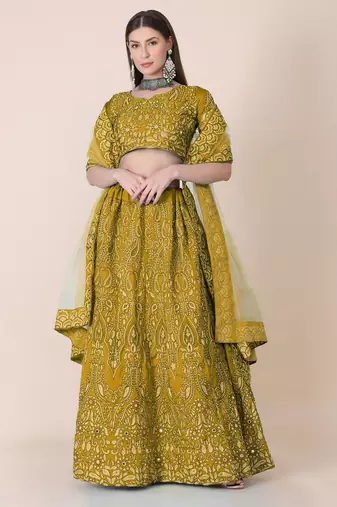 Embroidered Thread Work Semi-Stitched Lehenga & Unstitched Blouse With Dupatta