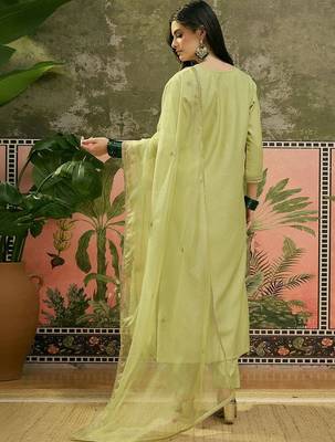 Embroidered v-neck kurta & trousers with dupatta 5