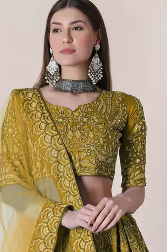 Embroidered Thread Work Semi-Stitched Lehenga & Unstitched Blouse With Dupatta
