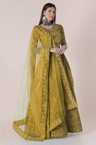 Embroidered Thread Work Semi-Stitched Lehenga & Unstitched Blouse With Dupatta