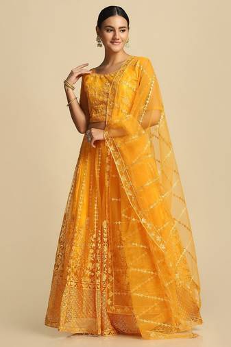 Embroidered Thread Work Semi-Stitched Lehenga & Unstitched Blouse With Dupatta