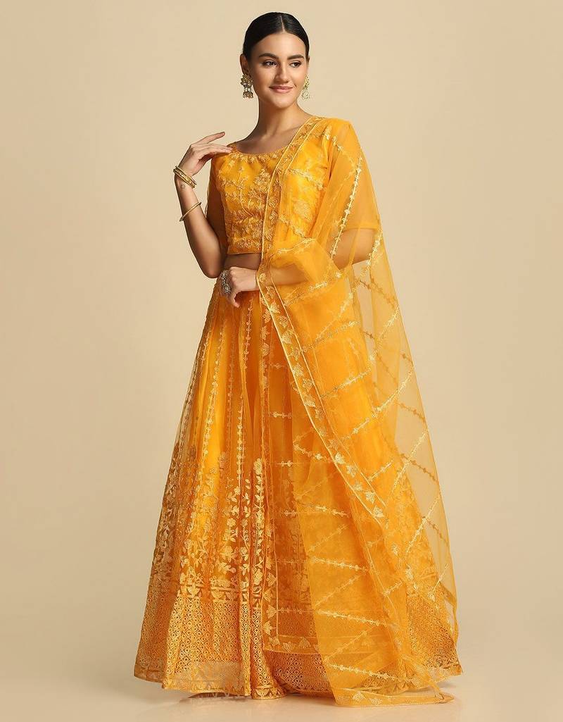 Embroidered Thread Work Semi-Stitched Lehenga & Unstitched Blouse With Dupatta