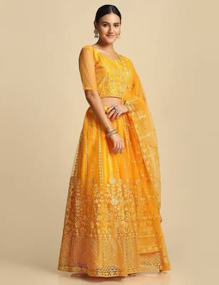 Embroidered Thread Work Semi-Stitched Lehenga & Unstitched Blouse With Dupatta 3