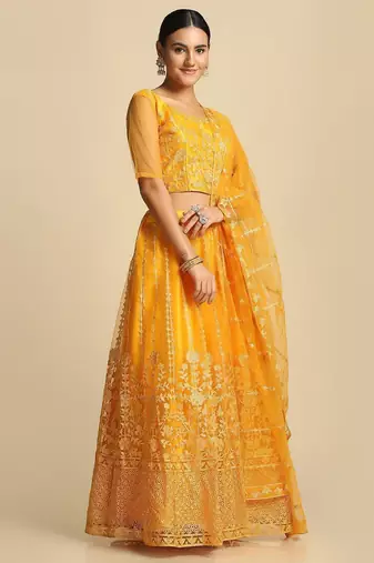Embroidered Thread Work Semi-Stitched Lehenga & Unstitched Blouse With Dupatta