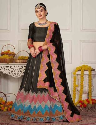 Embroidered Thread Work Semi-Stitched Lehenga & Unstitched Blouse With Dupatta 1
