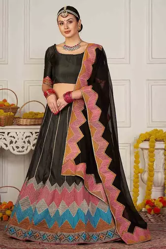 Embroidered Thread Work Semi-Stitched Lehenga & Unstitched Blouse With Dupatta