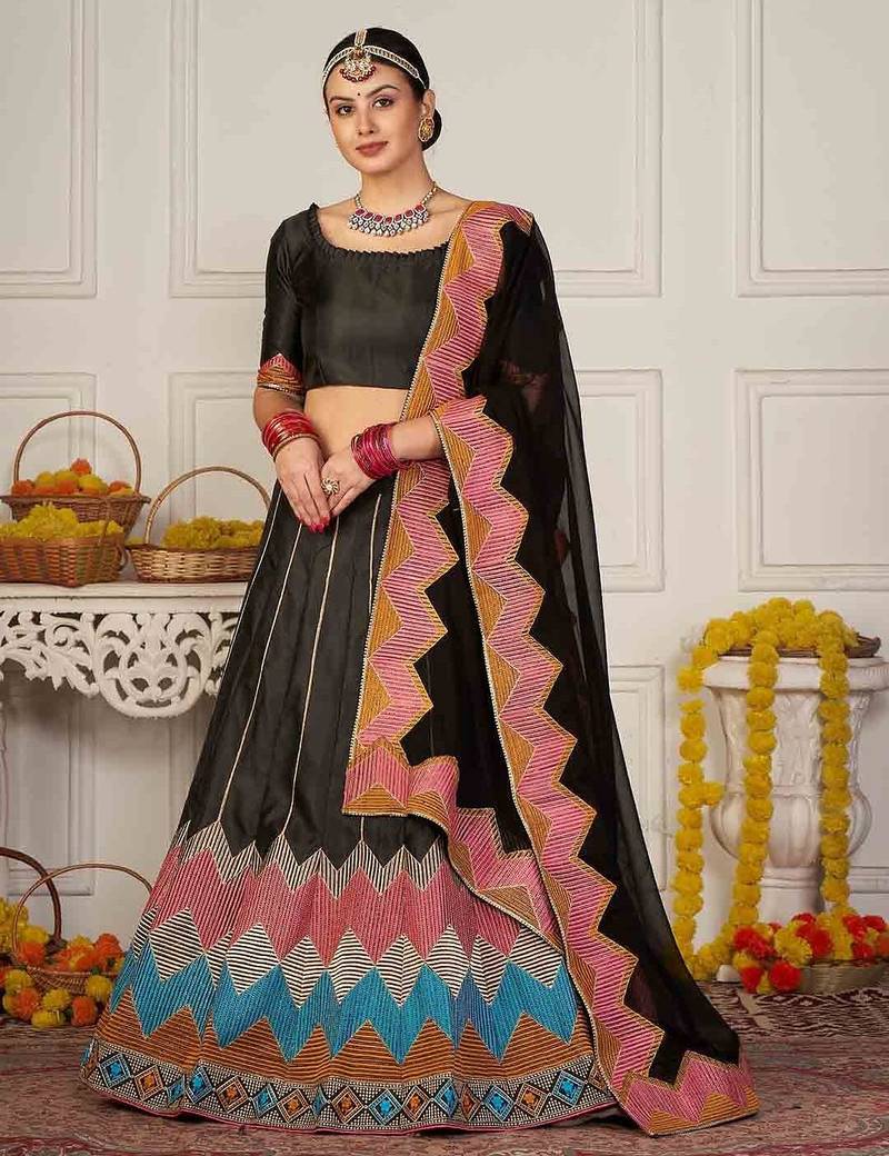 Embroidered Thread Work Semi-Stitched Lehenga & Unstitched Blouse With Dupatta
