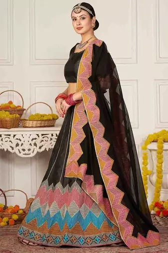 Embroidered Thread Work Semi-Stitched Lehenga & Unstitched Blouse With Dupatta