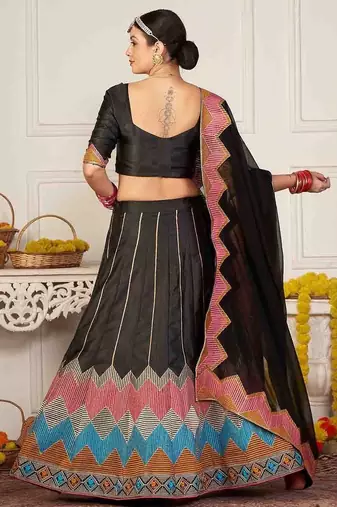 Embroidered Thread Work Semi-Stitched Lehenga & Unstitched Blouse With Dupatta
