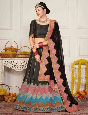 Embroidered Thread Work Semi-Stitched Lehenga & Unstitched Blouse With Dupatta 4
