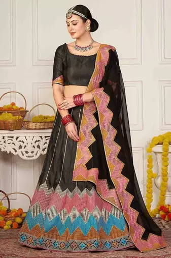 Embroidered Thread Work Semi-Stitched Lehenga & Unstitched Blouse With Dupatta