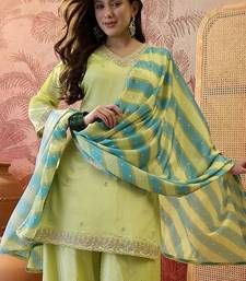 Embroidered v-neck kurta & palazzos with dupatta