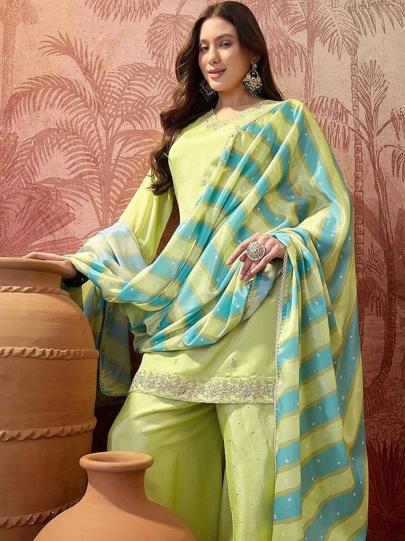 Embroidered v-neck kurta & palazzos with dupatta
