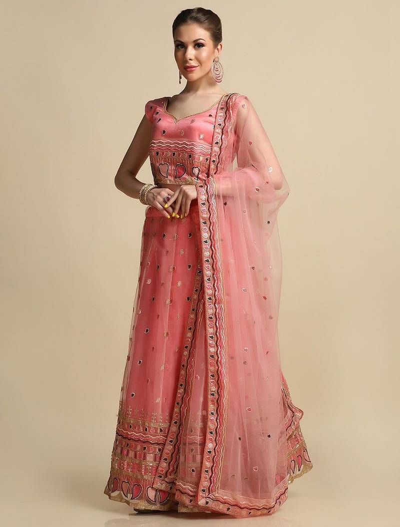Embroidered Thread Work Semi-Stitched Lehenga & Unstitched Blouse With Dupatta