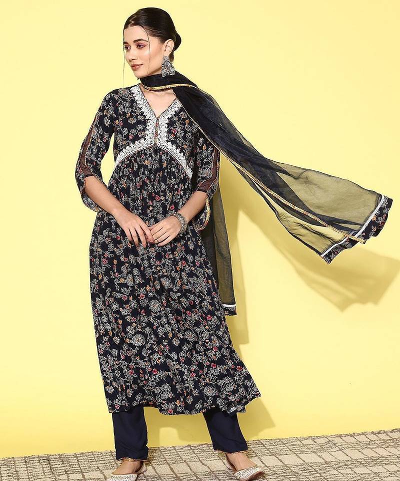 Alia cut floral printed empire sequinned kurta with trousers & dupatta