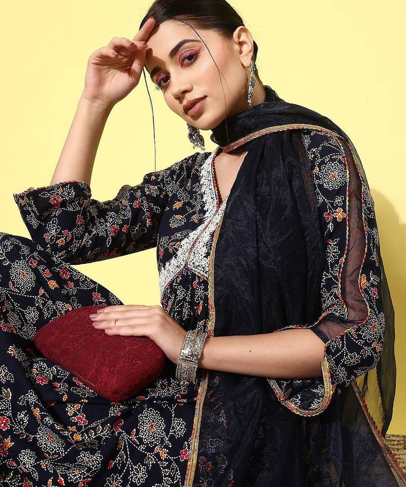 Alia cut floral printed empire sequinned kurta with trousers & dupatta