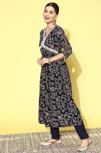 Alia cut floral printed empire sequinned kurta with trousers & dupatta