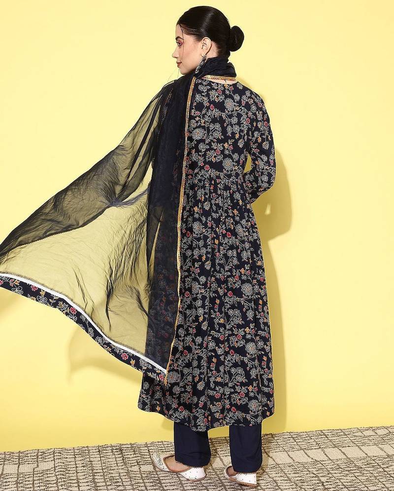 Alia cut floral printed empire sequinned kurta with trousers & dupatta