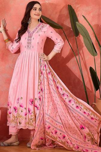 Floral printed empire v-neck mirror work straight kurta & trousers with dupatta