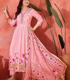 Floral printed empire v-neck mirror work straight kurta & trousers with dupatta